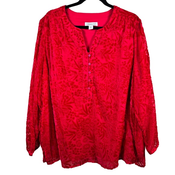 Coldwater Creek Red Burnout Floral Split Neck Blouse Women's 2X Sheer Sleeves - Picture 1 of 12